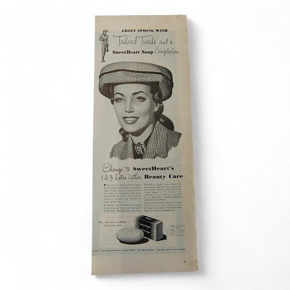 1946 SweetHeart Soap Print Ad MCM Woman in Hat Midcentury Beauty Care Routine - Picture 3 of 9